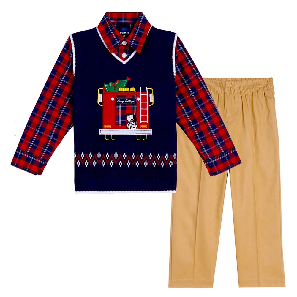 IZOD Christmas Firetruck Dog Plaid 3 piece set Vest Khakis Plaid shirt 24M